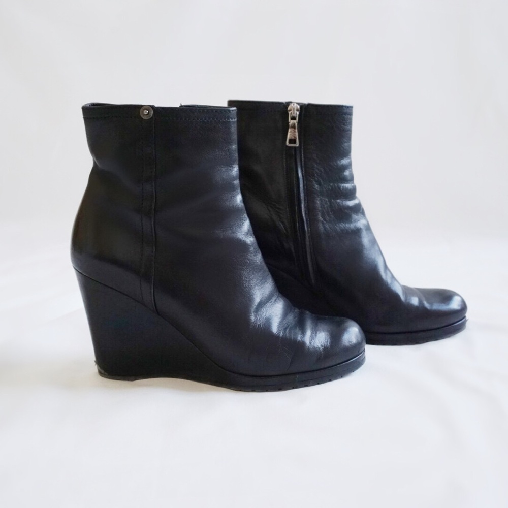 Prada Genuine Leather Black Wedge Booties